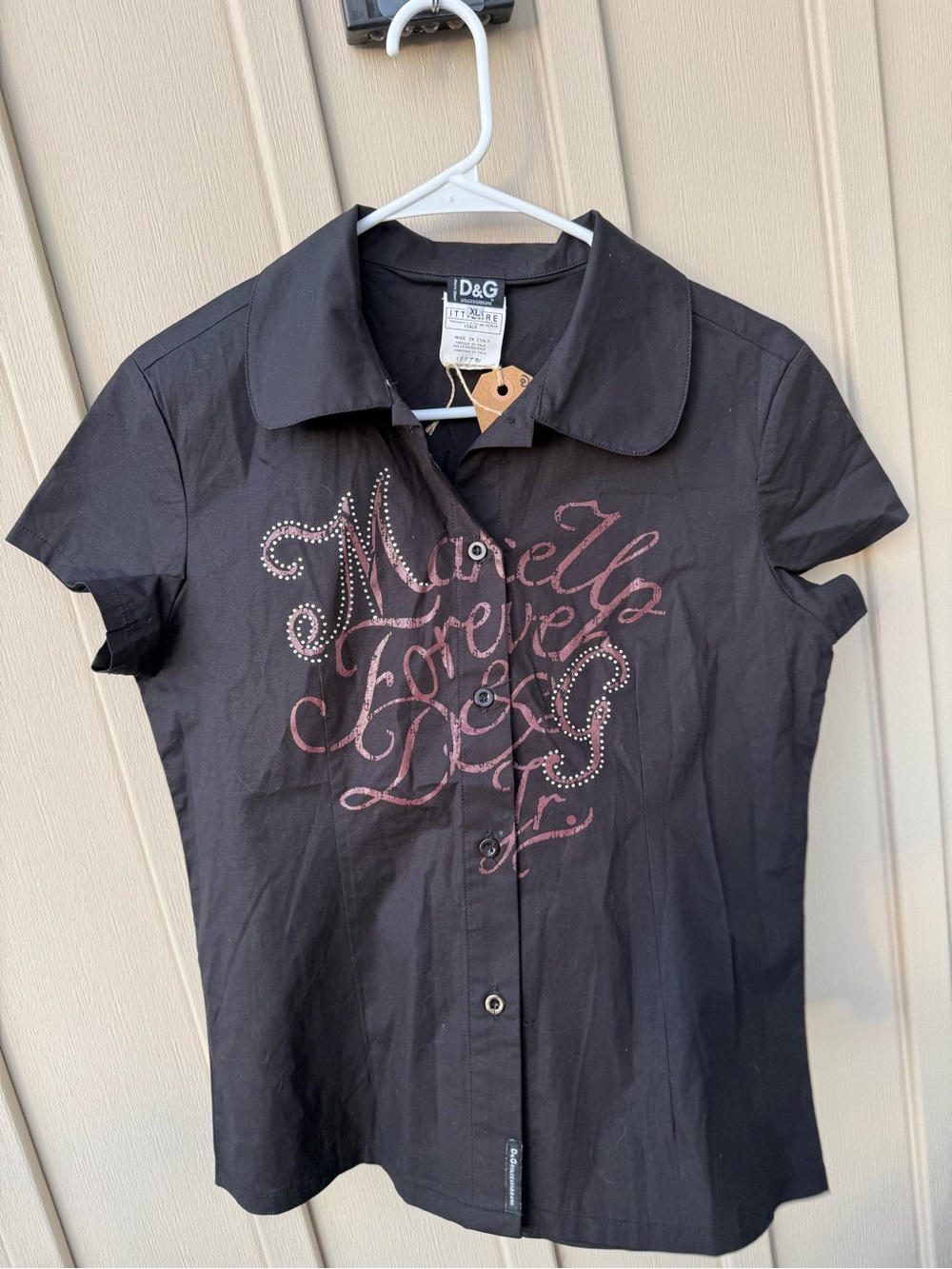 D&G Y2K Vintage Cotton Black Short Sleeve Shirt with Pink Script and Studs